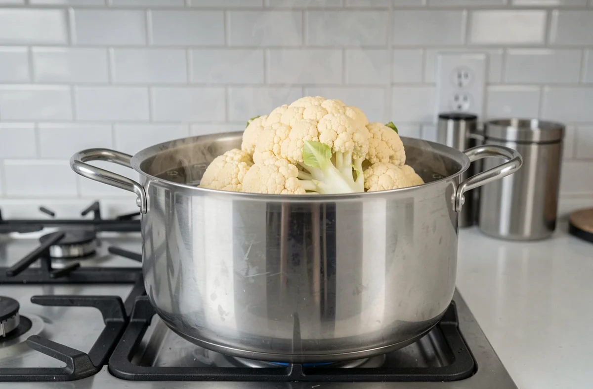 Chou-fleur entier en train de cuire dans une grande casserole d'eau bouillante sur une cuisinière moderne