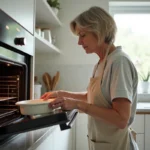 Femme plaçant un plat dans un four réglé à 180 degrés pour une cuisson uniforme