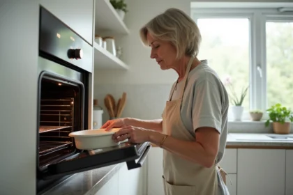 Femme plaçant un plat dans un four réglé à 180 degrés pour une cuisson uniforme