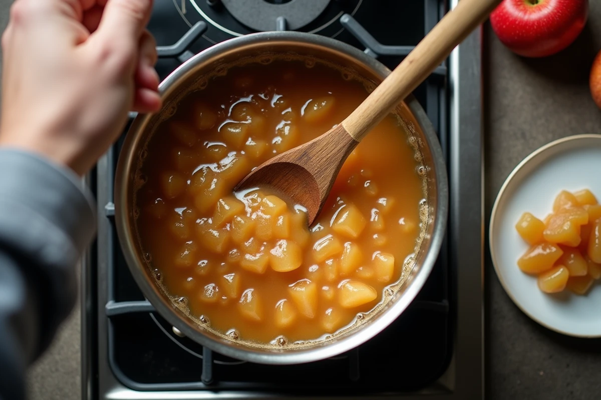 Gros plan sur une casserole de compote de pomme épaisse en train de cuire pour une pâte de fruit maison sans thermomètre, testée à l'assiette froide