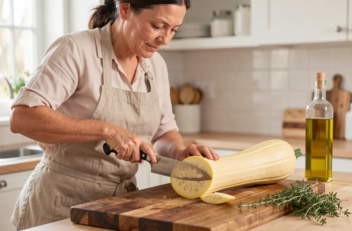Femme découpant une courge longue de Nice en cuisine avec un couteau de chef sur une planche en bois