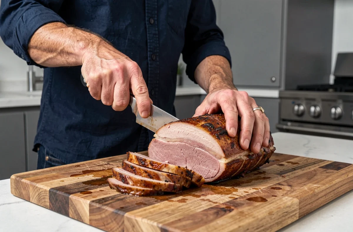Homme découpant des tranches de rôti de porc juteux sur une planche en bois dans une cuisine moderne