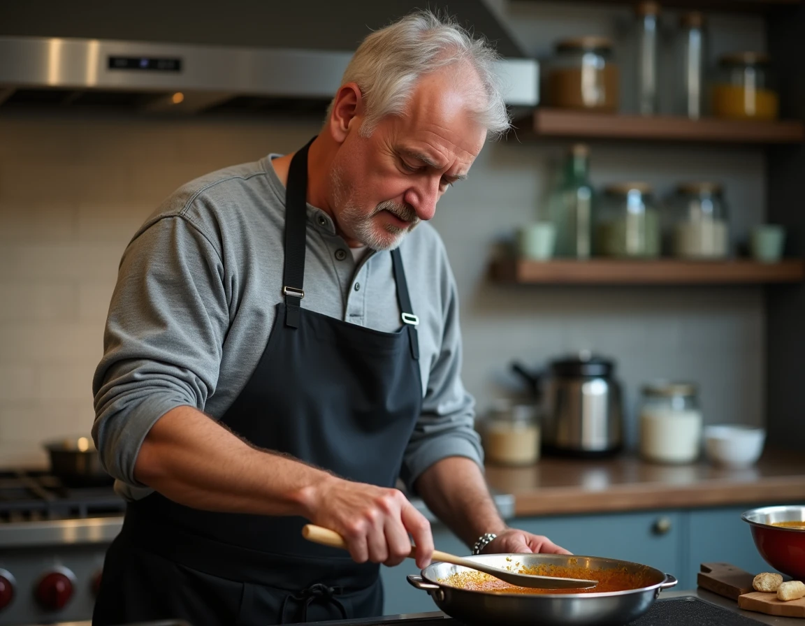 Cuisinier expérimenté qui déglace un plat à rôtir en acier inoxydable avec du bouillon pour récupérer une sauce de veau ratée
