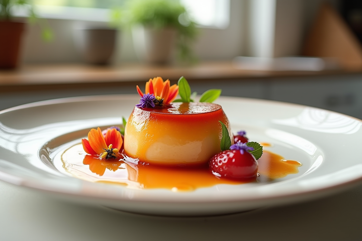Dessert gourmet au sapote présenté sur une vaisselle fine