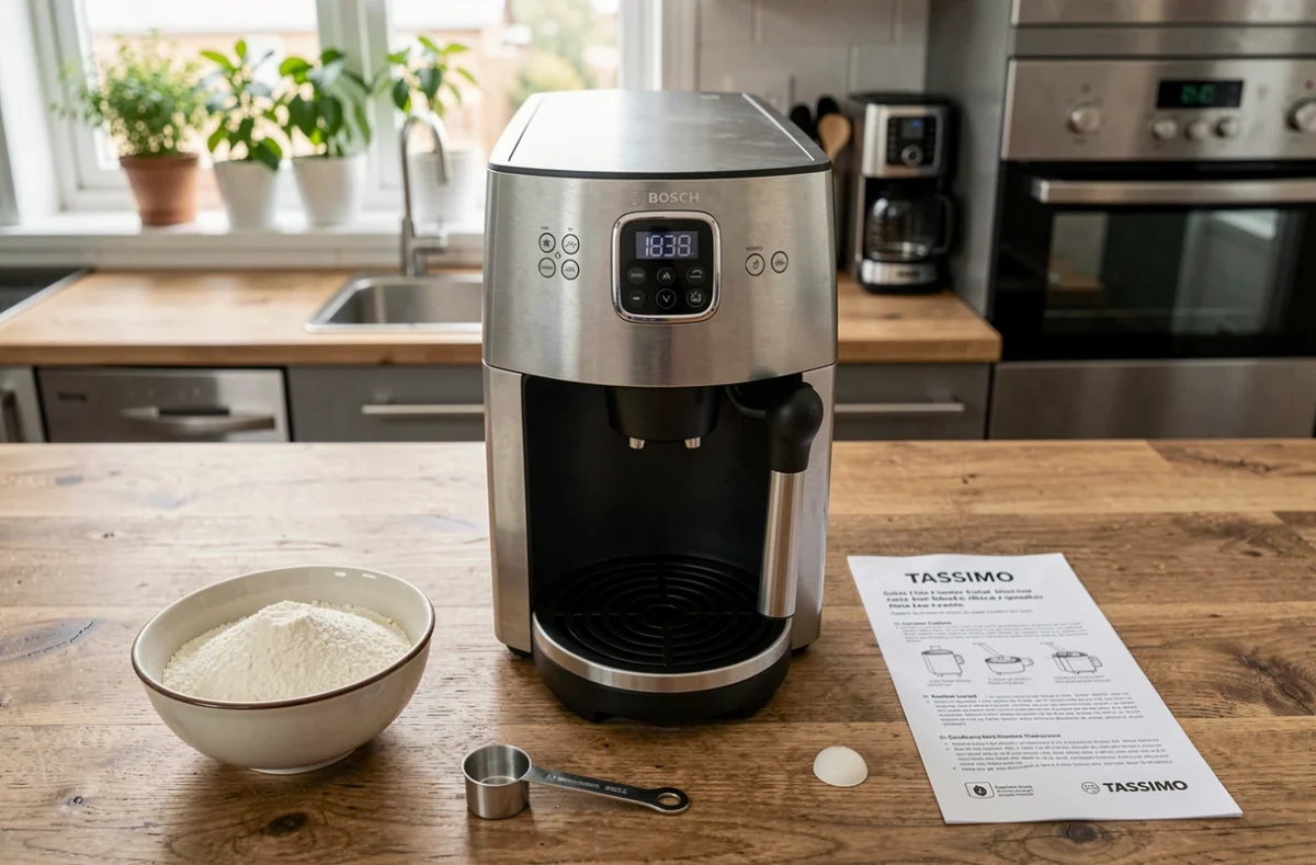 Machine à café Tassimo Bosch avec acide citrique et cuillère pour détartrage maison sans pastille