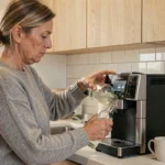 Femme détartrant une machine Tassimo Bosch avec du vinaigre blanc dans une cuisine moderne