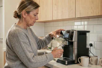 Femme détartrant une machine Tassimo Bosch avec du vinaigre blanc dans une cuisine moderne
