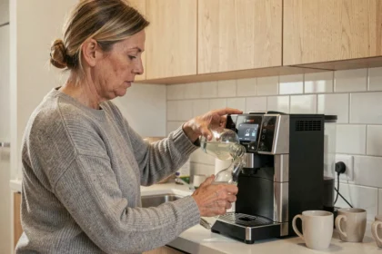 Femme détartrant une machine Tassimo Bosch avec du vinaigre blanc dans une cuisine moderne