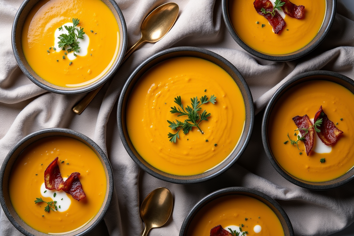 Petits bols de soupe de potiron aux saveurs variées en disposition artistique