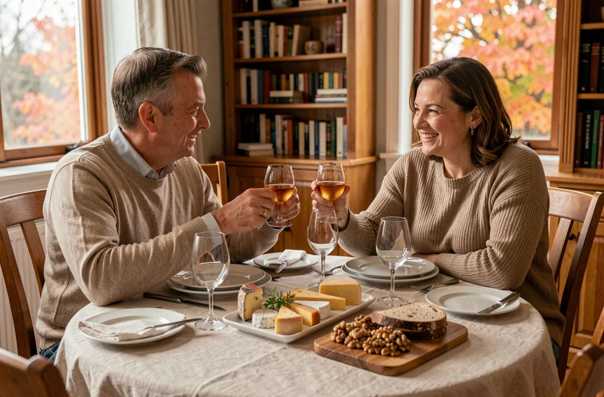 Deux convives partageant un digestif en fin de repas autour d'une table dressée avec plateau de fromages