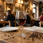 Verre de digestif ambré posé sur une table en bois rustique de brasserie française après le repas