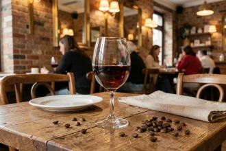 Verre de digestif ambré posé sur une table en bois rustique de brasserie française après le repas