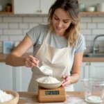 Femme dosant 250g de farine dans un verre gradué en millilitres sur une balance de cuisine en bois