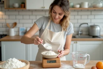Femme dosant 250g de farine dans un verre gradué en millilitres sur une balance de cuisine en bois