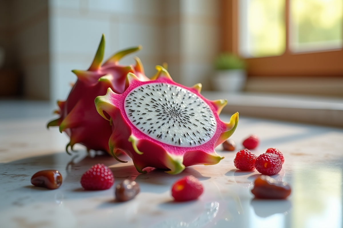 Fruit du dragon coupé sur plan de travail en marbre avec autres fruits