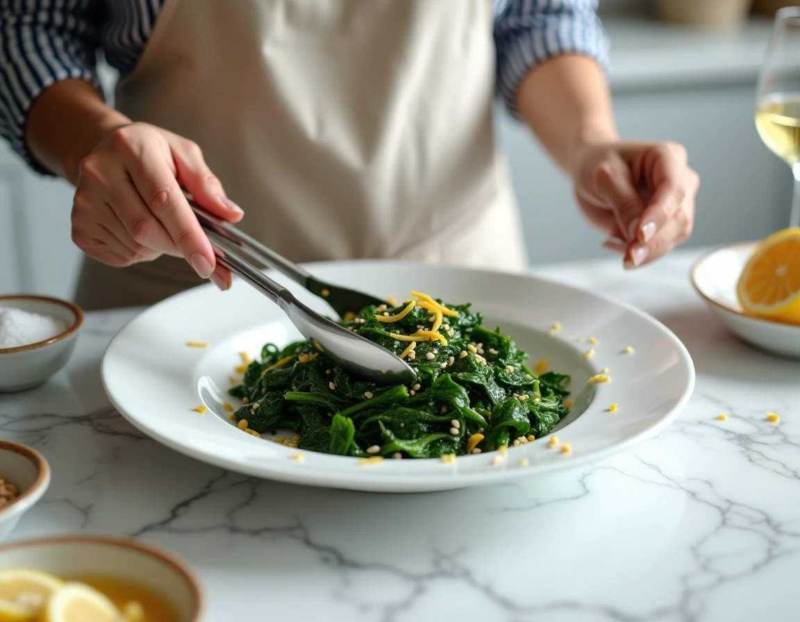 Femme dressant des épinards cuits et assaisonnés sur une assiette blanche dans une cuisine moderne