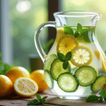 Verre d'eau detox infusée au concombre citron et menthe sur table en bois