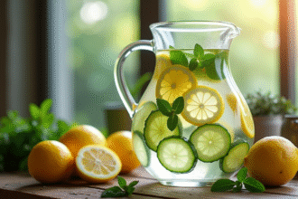 Verre d'eau detox infusée au concombre citron et menthe sur table en bois