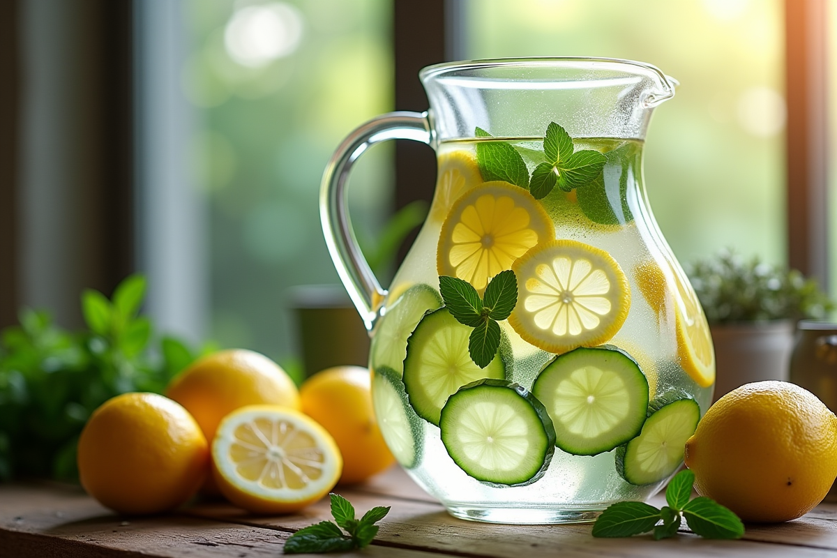Verre d'eau detox infusée au concombre citron et menthe sur table en bois