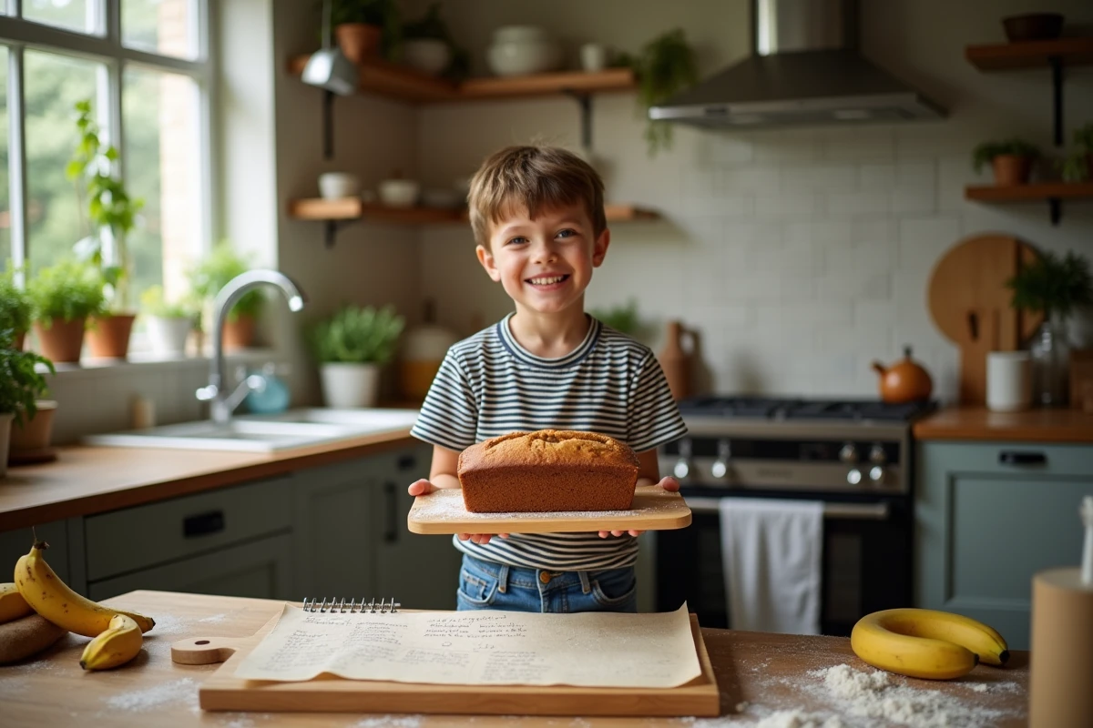 Jeune garçon tenant pain à la banane dans la cuisine