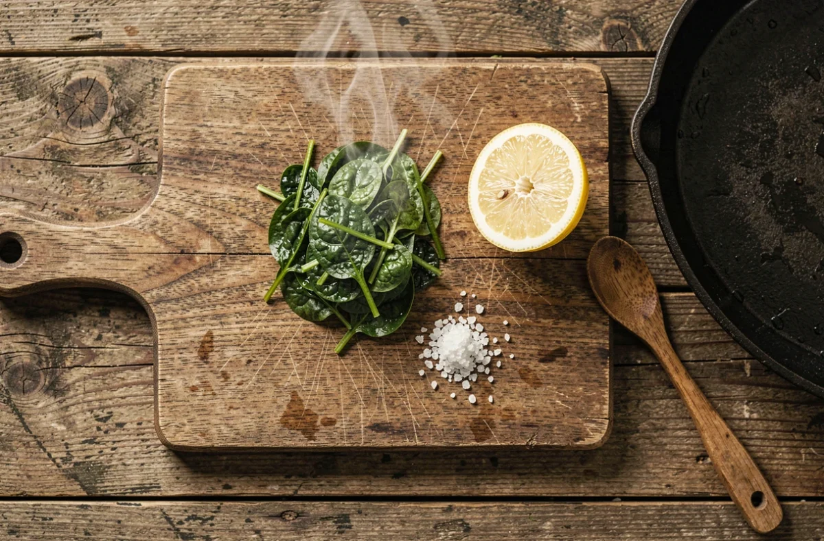 Épinards sautés encore fumants dans une poêle en fonte avec citron et fleur de sel sur table en bois rustique