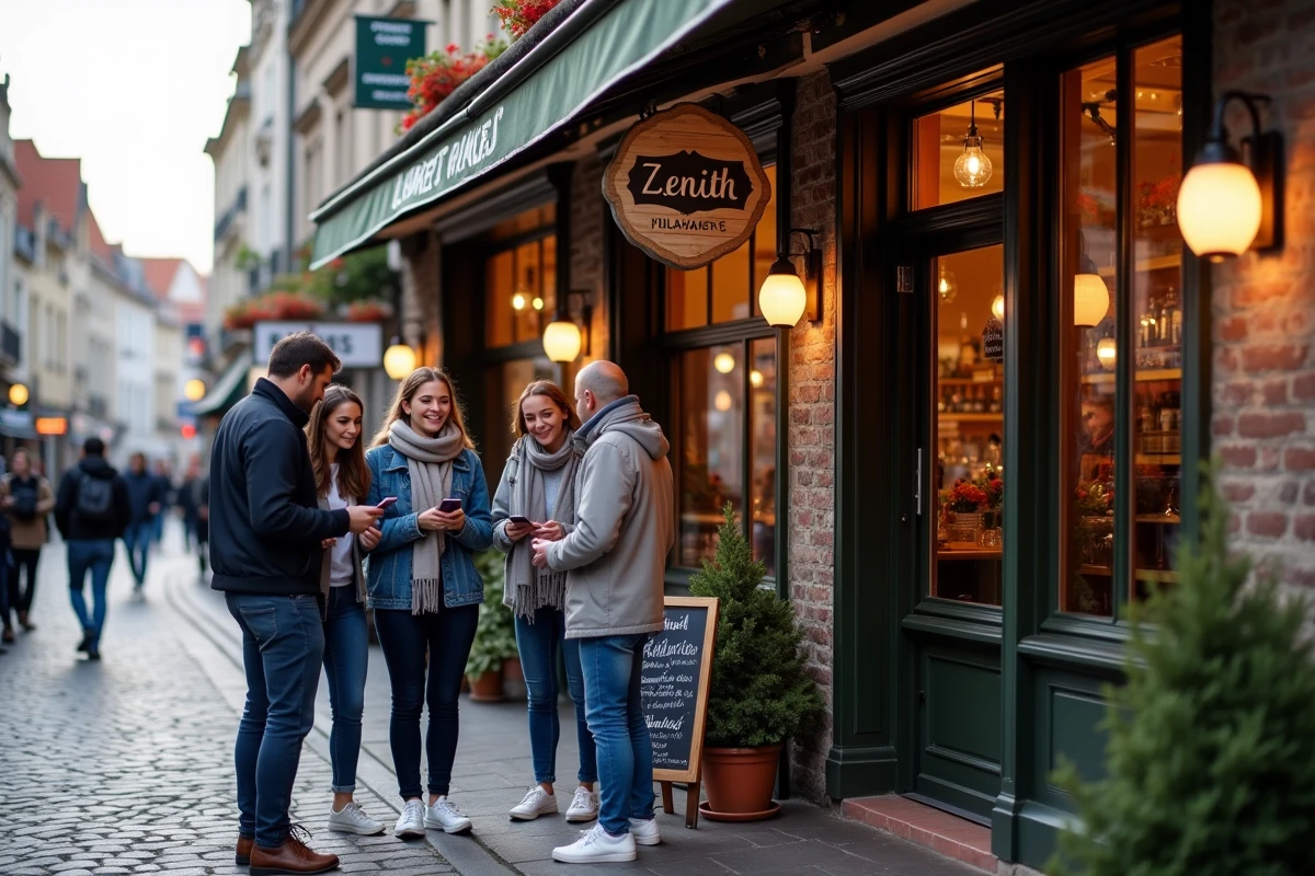 Façade d'un restaurant traditionnel lillois près du Zénith, groupe d'amis prêts à dîner avant un spectacle