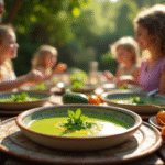 Famille dégustant un gazpacho de courgettes en extérieur