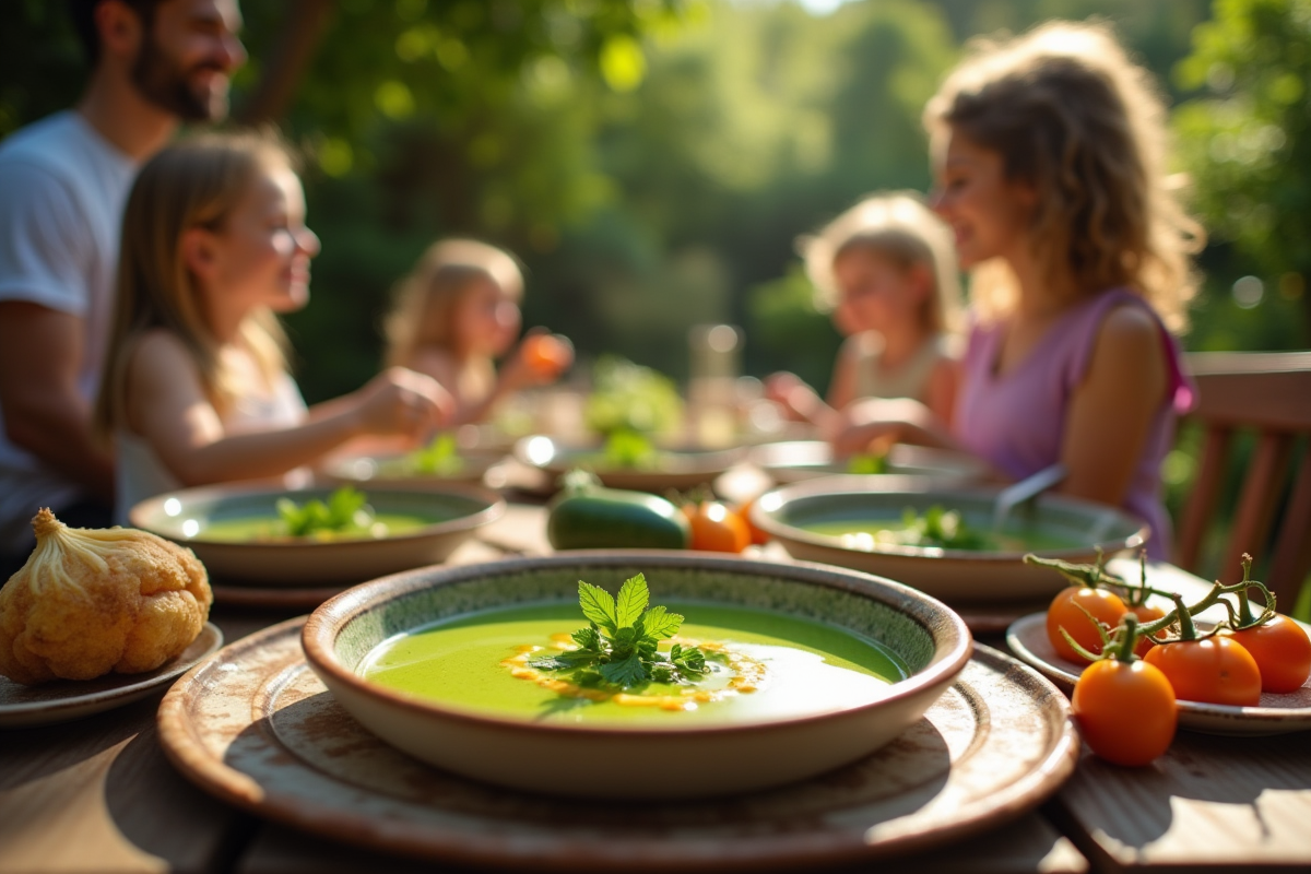 Famille dégustant un gazpacho de courgettes en extérieur