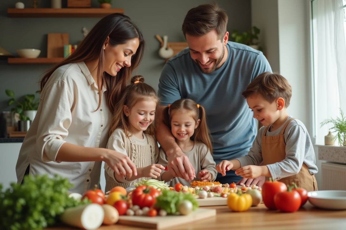 Famille de quatre préparant un repas ensemble à la table