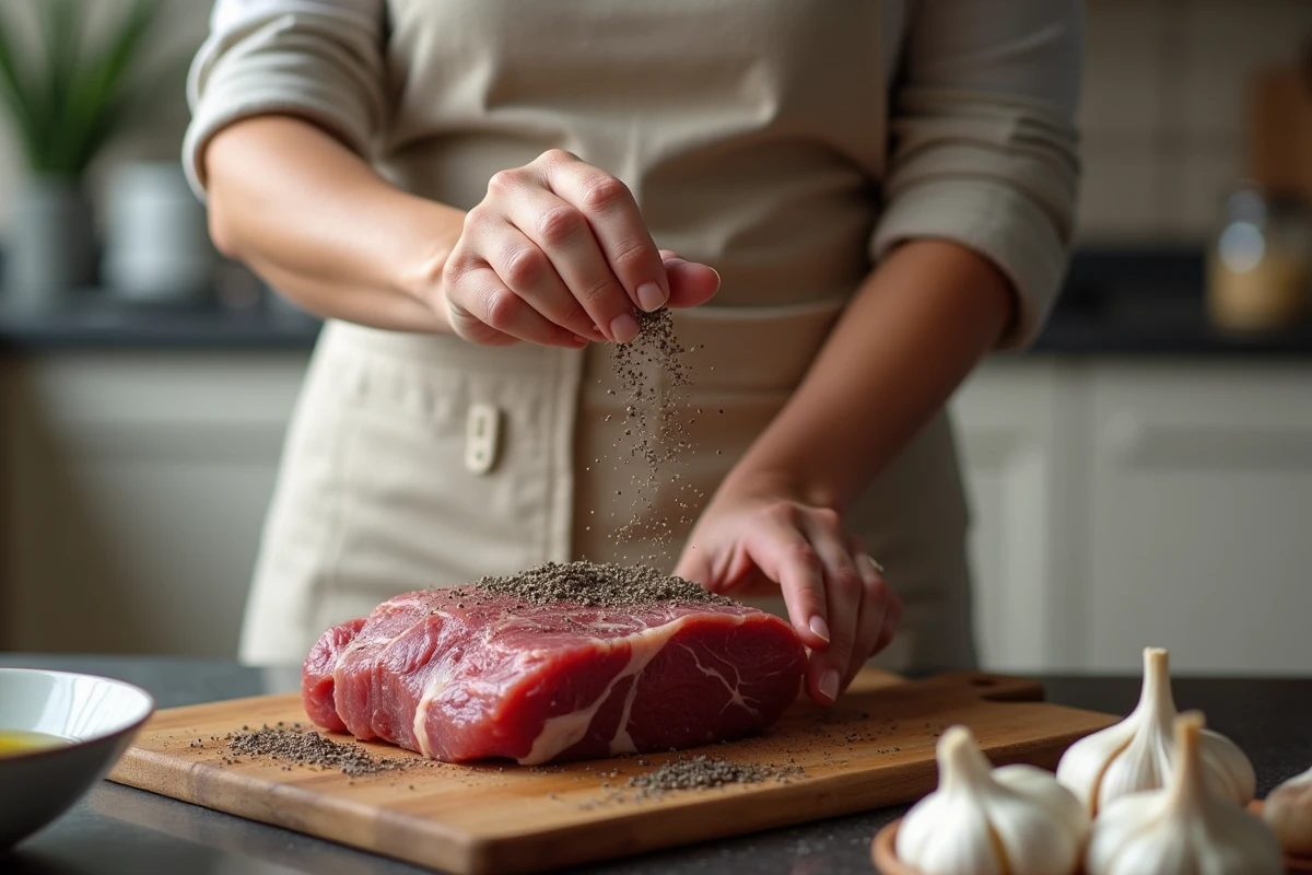 Femme assaisonnant un rôti de boeuf cru d'1 kg avec du sel, du poivre et de l'huile d'olive avant la cuisson