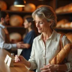 Femme tenant une baguette et un ticket de caisse dans une boulangerie parisienne traditionnelle