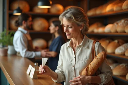 Femme tenant une baguette et un ticket de caisse dans une boulangerie parisienne traditionnelle