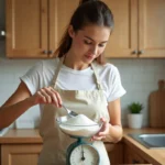 Femme mesurant du sucre sur une balance de cuisine pour convertir des grammes en centilitres