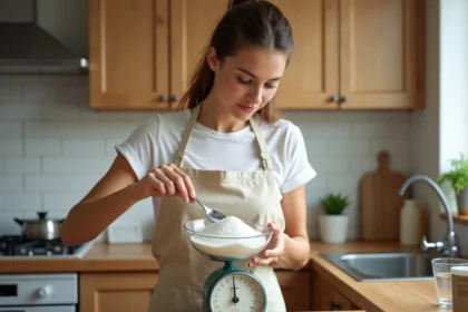 Femme mesurant du sucre sur une balance de cuisine pour convertir des grammes en centilitres