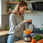 Femme préparant une soupe maison dans une cuisine moderne