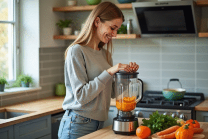 Femme préparant une soupe maison dans une cuisine moderne