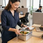 Femme ouvrant une boîte repas isotherme en acier inoxydable sur son bureau au bureau