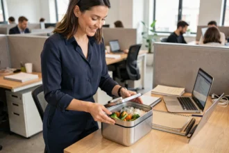 Femme ouvrant une boîte repas isotherme en acier inoxydable sur son bureau au bureau