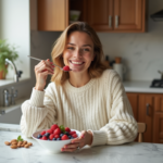 Femme souriante dans une cuisine moderne avec fruits et noix
