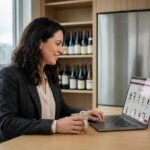 Femme en blazer regardant son ordinateur portable avec des bouteilles de vin en arrière-plan