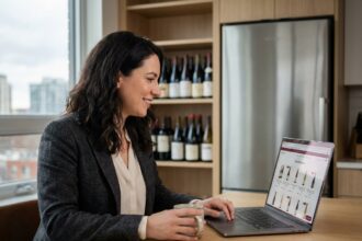 Femme en blazer regardant son ordinateur portable avec des bouteilles de vin en arrière-plan