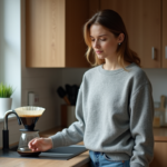 Jeune femme en cuisine avec cafetière en marche et déversement