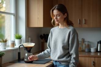 Jeune femme en cuisine avec cafetière en marche et déversement