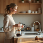 Femme verser de l'eau dans une cafetière dans une cuisine lumineuse