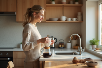 Femme verser de l'eau dans une cafetière dans une cuisine lumineuse
