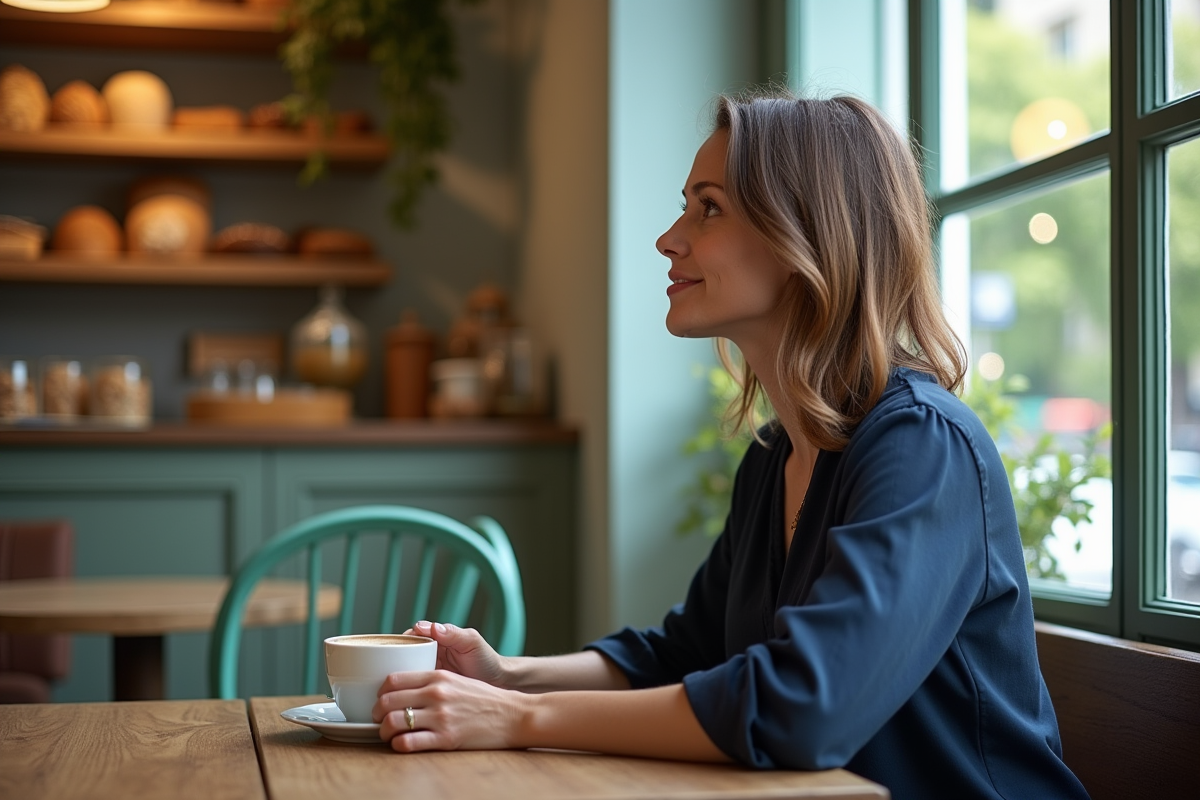 Femme assise dans un café parisien regardant par la fenêtre