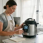 Femme calculant le coût par repas avec un Thermomix sur un plan de travail de cuisine moderne
