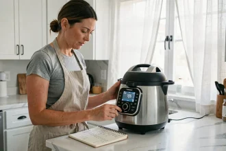 Femme calculant le coût par repas avec un Thermomix sur un plan de travail de cuisine moderne