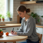 Femme en cuisine note dans journal alimentaire