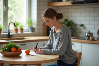 Femme en cuisine note dans journal alimentaire